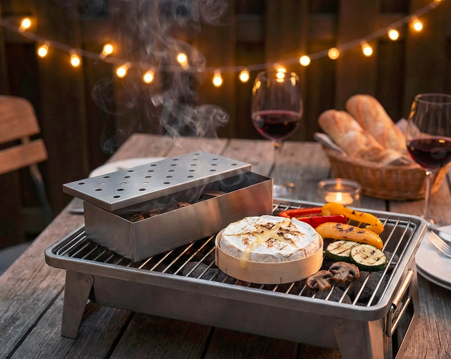 Smokerbox auf einem kleinen Tischgrill mit leckerem Käse und Gemüse
