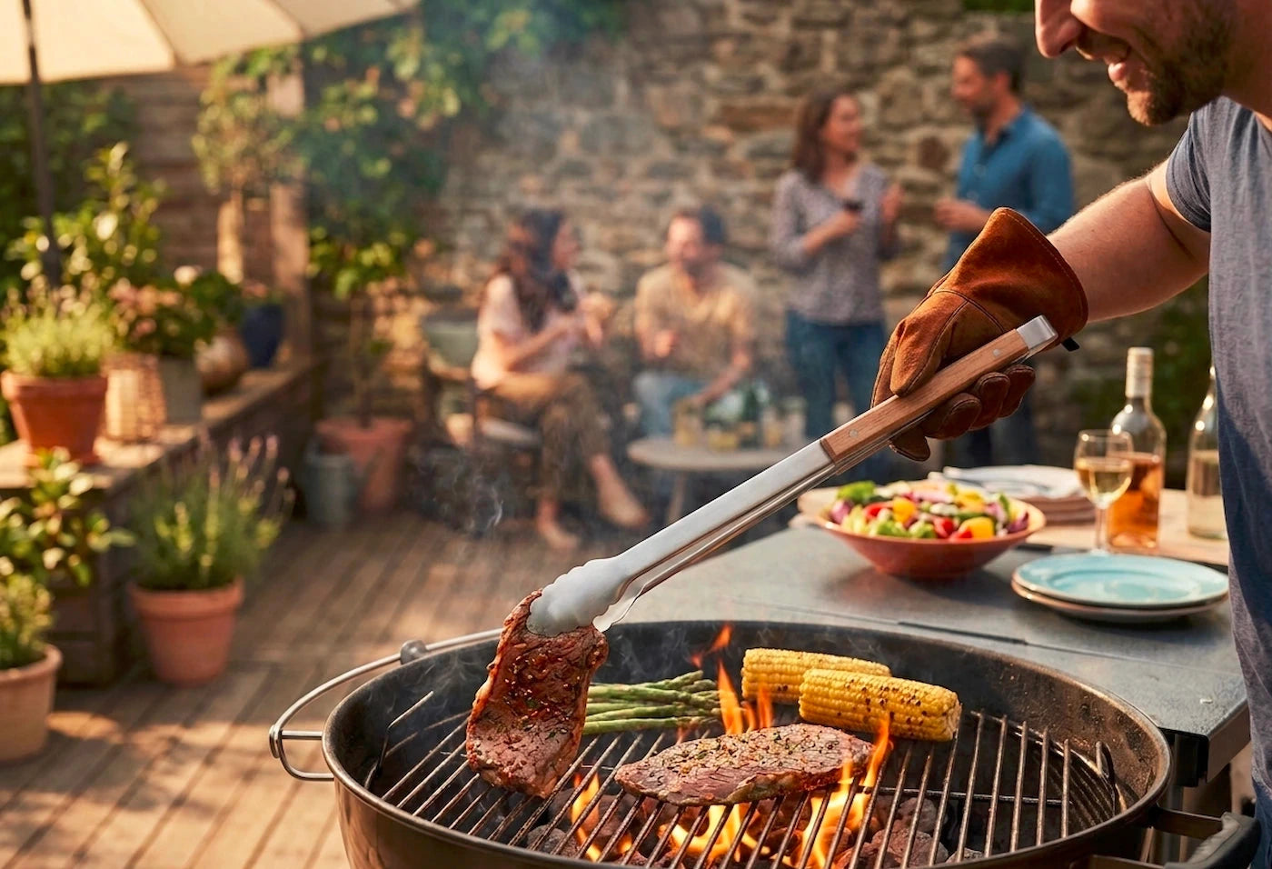 Grillzange beim Benutzen am Holzkohlegrill