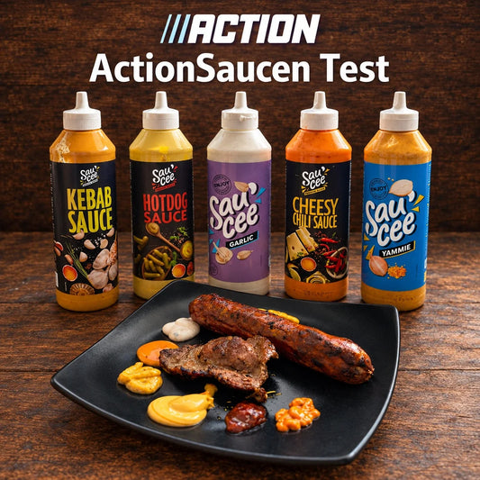 5 Saucen von Action stehend vor einem Teller mit Bratwurst und Schweinenacken