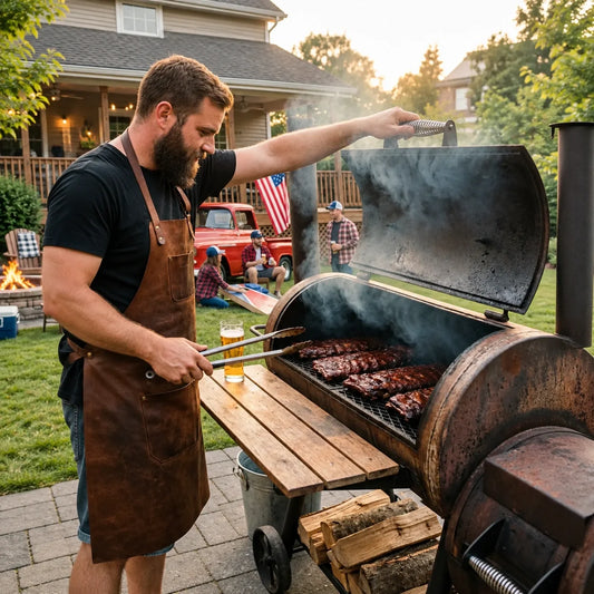 Mann steht an einem Smoker und bereitet Rippchen zu, im Hintergrund trinken seine Freunde Bier an einem USA Pick-Up