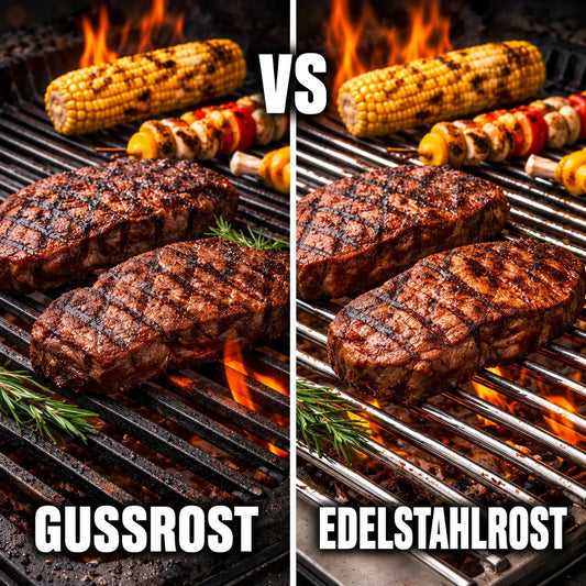 Vergleich von Gussrost und Edelstahlrost beim Grillen – zwei Steaks auf dem Grillrost mit deutlichen Grillstreifen, links Gussrost und rechts Edelstahlrost.