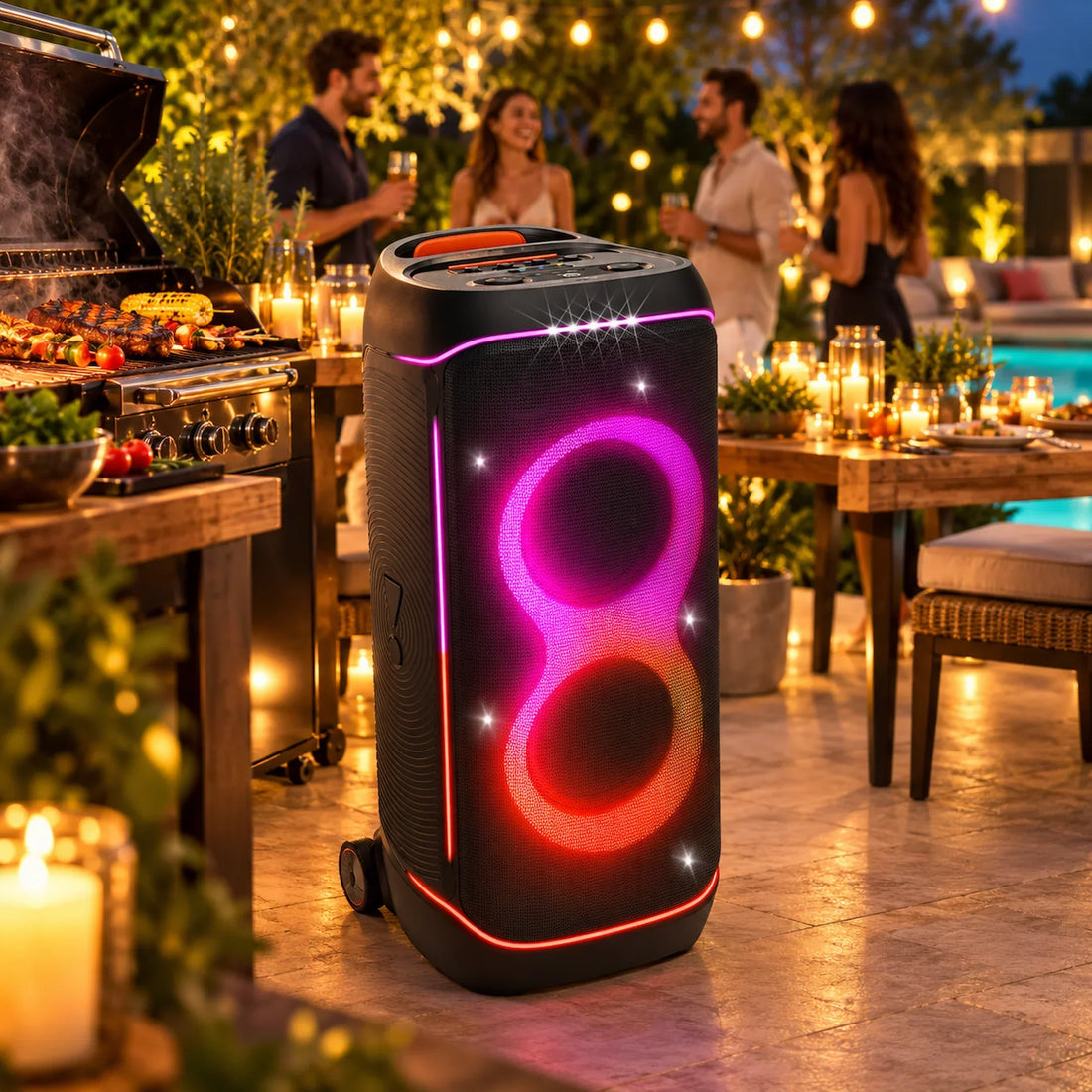 JBL PartyBox 720 bei einer stimmungsvollen BBQ-Gartenparty am Abend mit Grill, Lichterkette und Pool