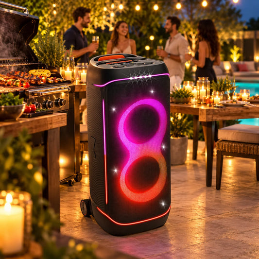 JBL PartyBox 720 bei einer stimmungsvollen BBQ-Gartenparty am Abend mit Grill, Lichterkette und Pool