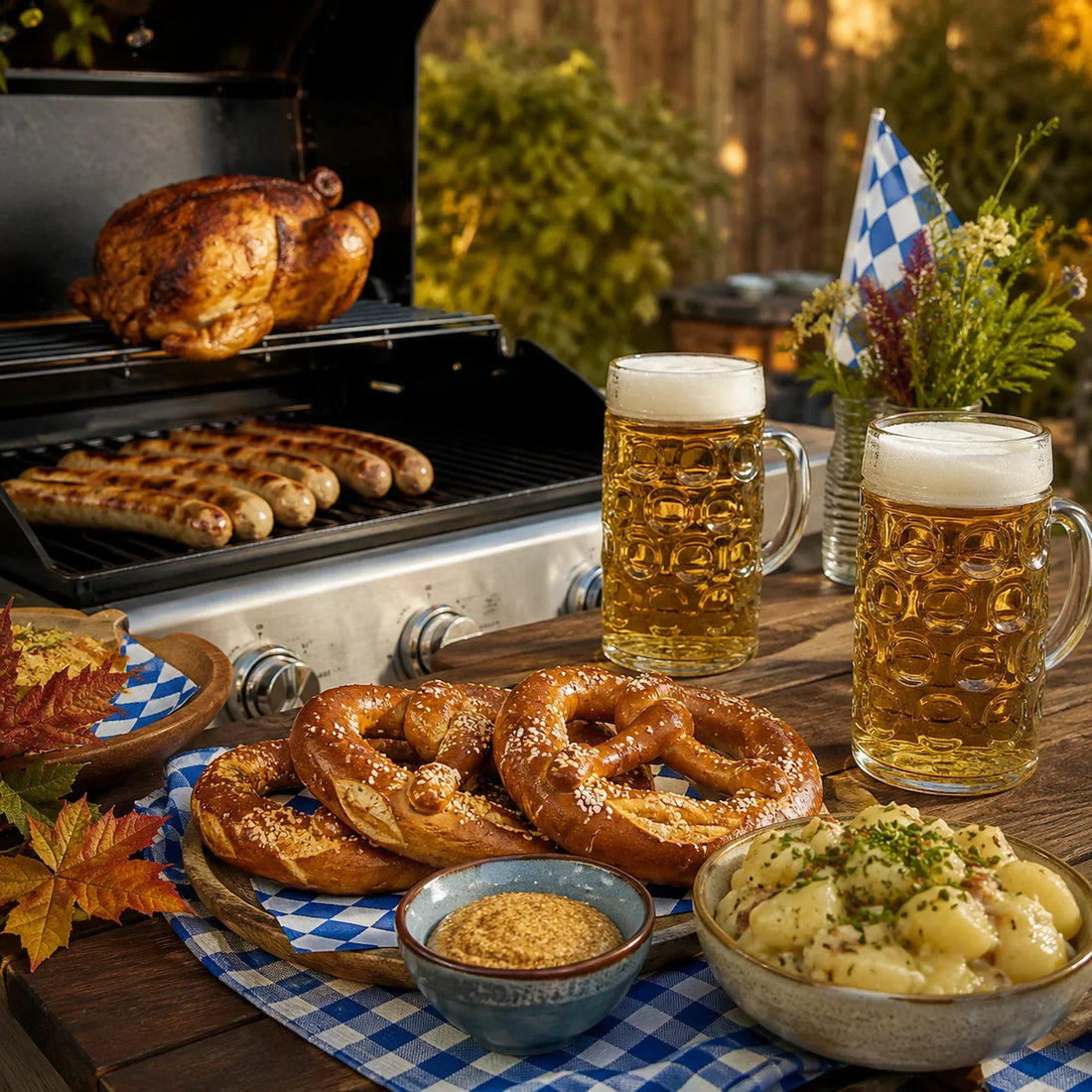 Knuspriges Wiesn-Hendl und Bratwürste vom Grill mit Brezeln, Kartoffelsalat und Bier für eine Oktoberfest-Grillparty.