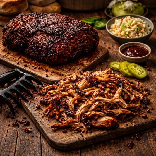 Leckeres Pulled Pork gezupft auf dem Tisch neben einem kompletten Pulled Pork und Beilagen