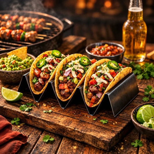 Leckere Tacos in dem Taco Halter, im Hintergrund steht ein Holzkohlegrill