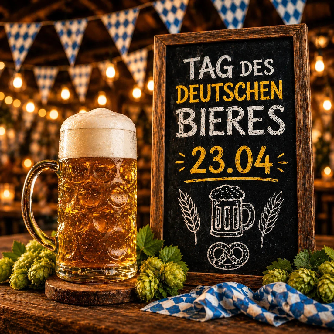 Bier im Vordergrund mit einer Tafel und dem Datum des Tages des Bieres
