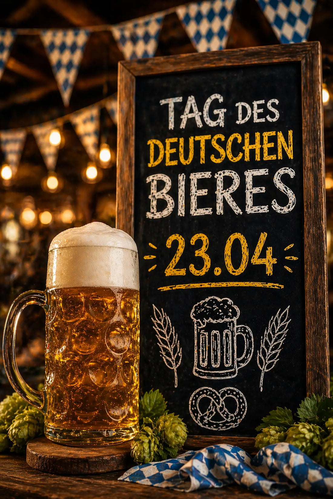 Bier im Vordergrund mit einer Tafel und dem Datum des Tages des Bieres