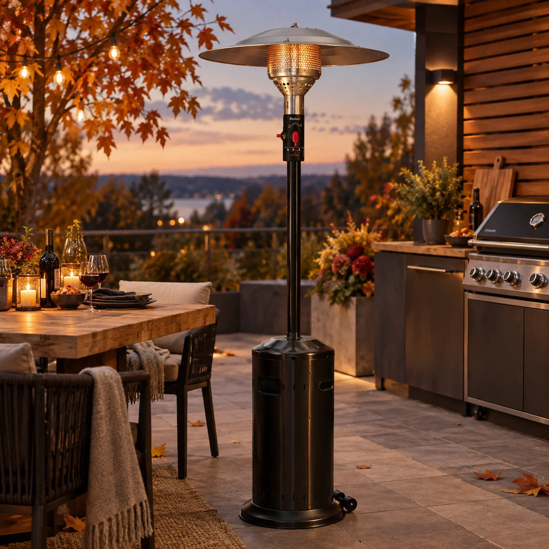 Enders Elegance Black Terrassenheizer auf einer gemütlichen Herbstterrasse neben einem Grill