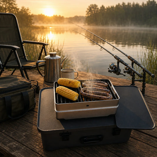 Enders PACE als kompakter Grill beim Angeln am See mit Bratwürsten, Mais, Angelruten und Kaffee im Sonnenaufgang.