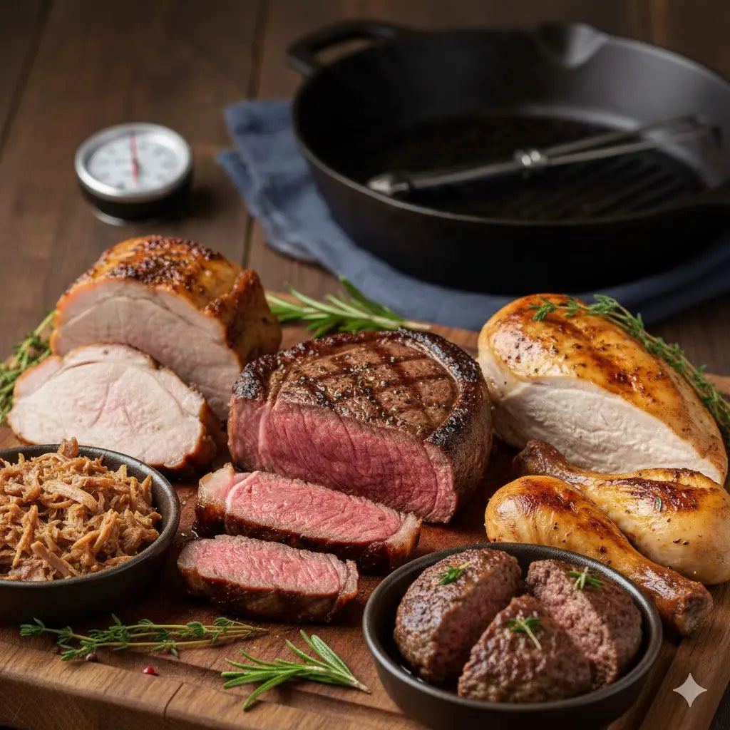 Ein Arrangement aus saftig gegartem Fleisch auf einem Holzbrett: Medium-rare Steak, Geflügelbrust, Schweinebraten und Pulled Beef, dekoriert mit Rosmarin und einem Fleischthermometer im Hintergrund