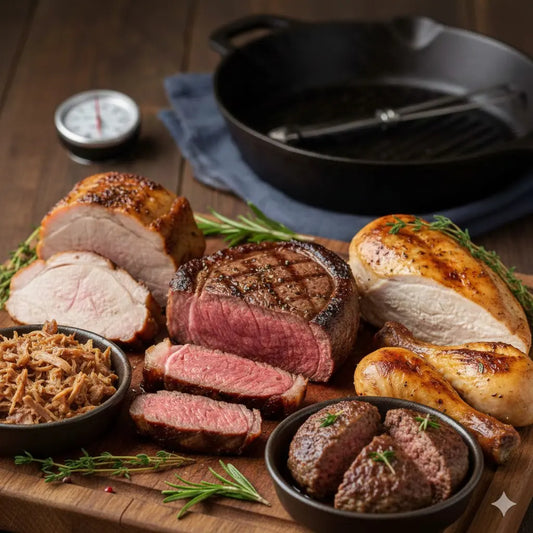 Ein Arrangement aus saftig gegartem Fleisch auf einem Holzbrett: Medium-rare Steak, Geflügelbrust, Schweinebraten und Pulled Beef, dekoriert mit Rosmarin und einem Fleischthermometer im Hintergrund
