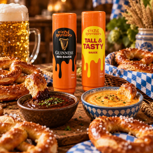Oktoberfest Brezeln mit zwei Dips, Tall & Tasty Sauce und Guinness BBQ-Sauce von Sizzle Brothers
