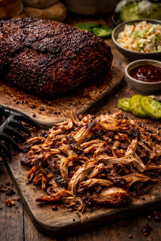 Leckeres Pulled Pork gezupft auf dem Tisch neben einem kompletten Pulled Pork und Beilagen