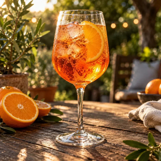 Aperol Spritz mit Eiswürfeln und Orangenscheibe im Weinglas auf einem Holztisch im Garten.
