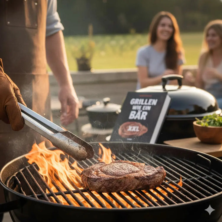 Saftiges Steak auf einem Gusseisen-Grillrost mit dem Rezeptbuch Grillen wie ein Bär XXL im Hintergrund.