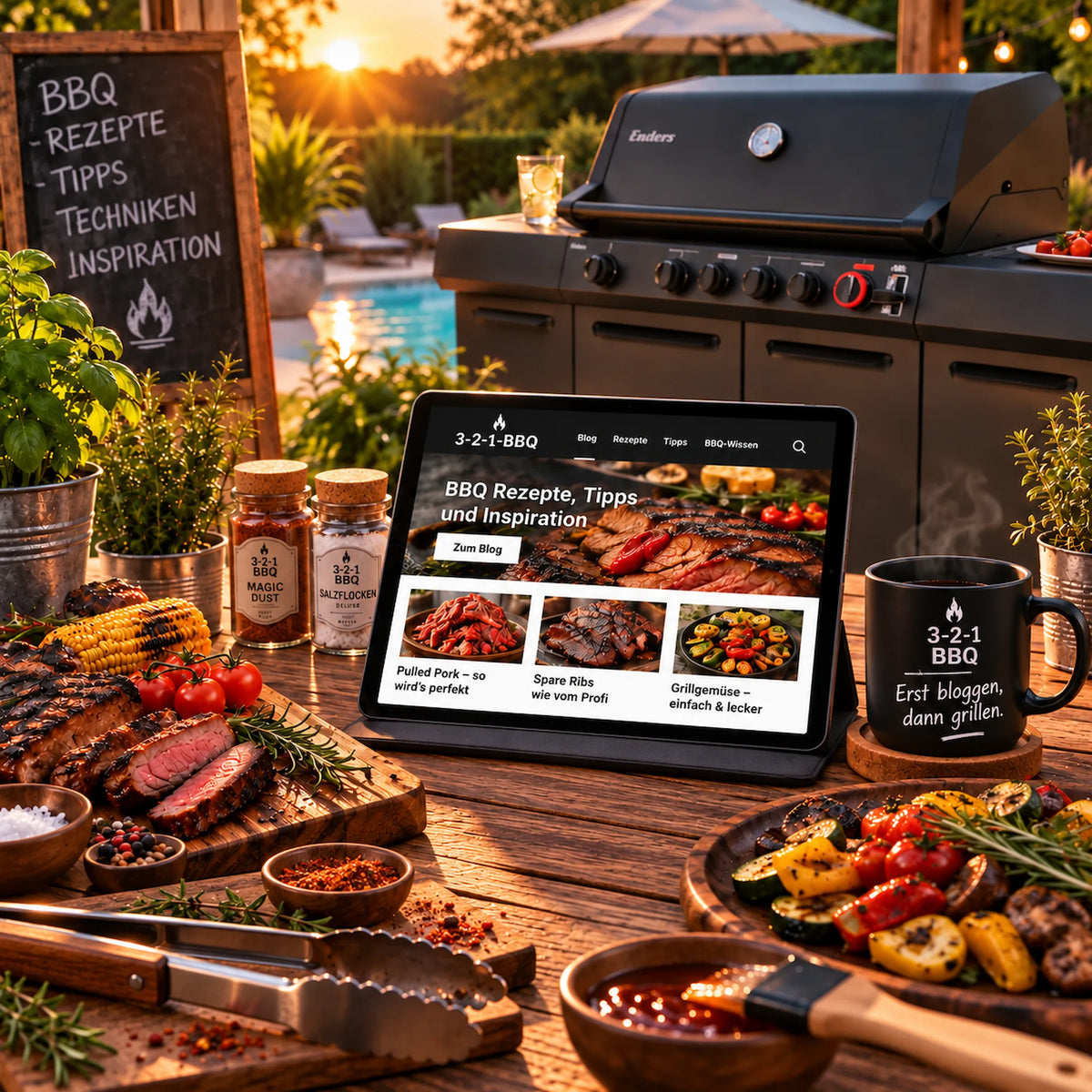 Stimmungsvolles BBQ-Setup bei Sonnenuntergang mit Grill, Tablet auf der 3-2-1-BBQ-Blogseite, gegrilltem Fleisch, Gemüse und einer schwarzen Tasse mit lustigem Blog-Spruch.