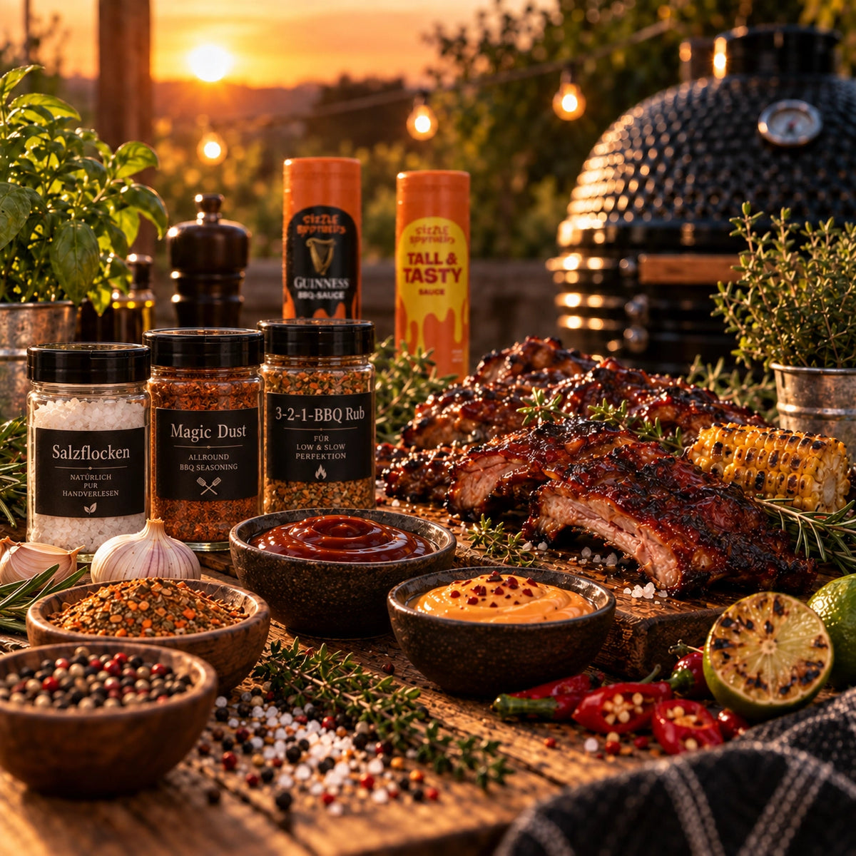 BBQ Food mit Ribs, Grillgewürzen, Saucen, Salzflocken, Magic Dust und frischen Kräutern