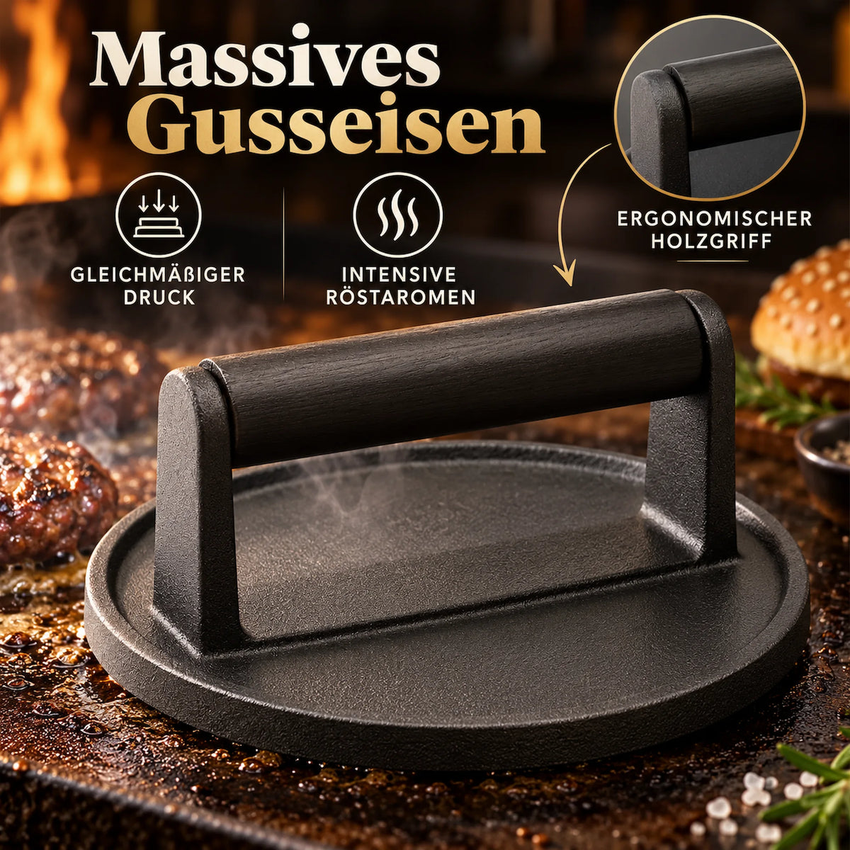 Burgerpresse auf dem Tisch mit den Vorteilen