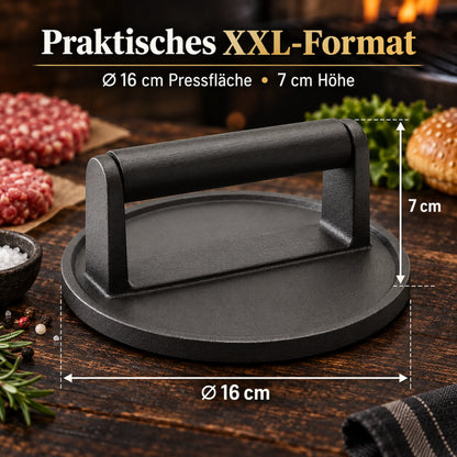 Burgerpresse auf dem Tisch mit den Maßen