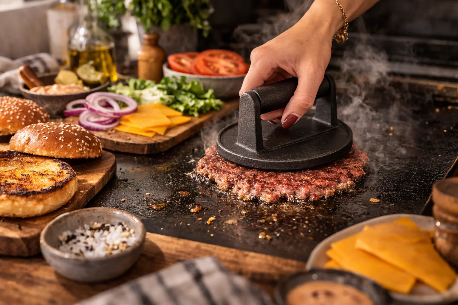 Es wird ein Burger Pattie von einer Frau gesmashed