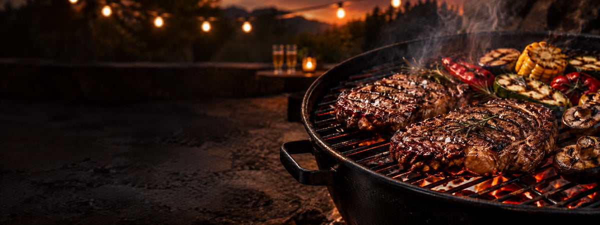 Grill mit Steaks und Gemüse in stimmungsvoller BBQ- und Partyatmosphäre