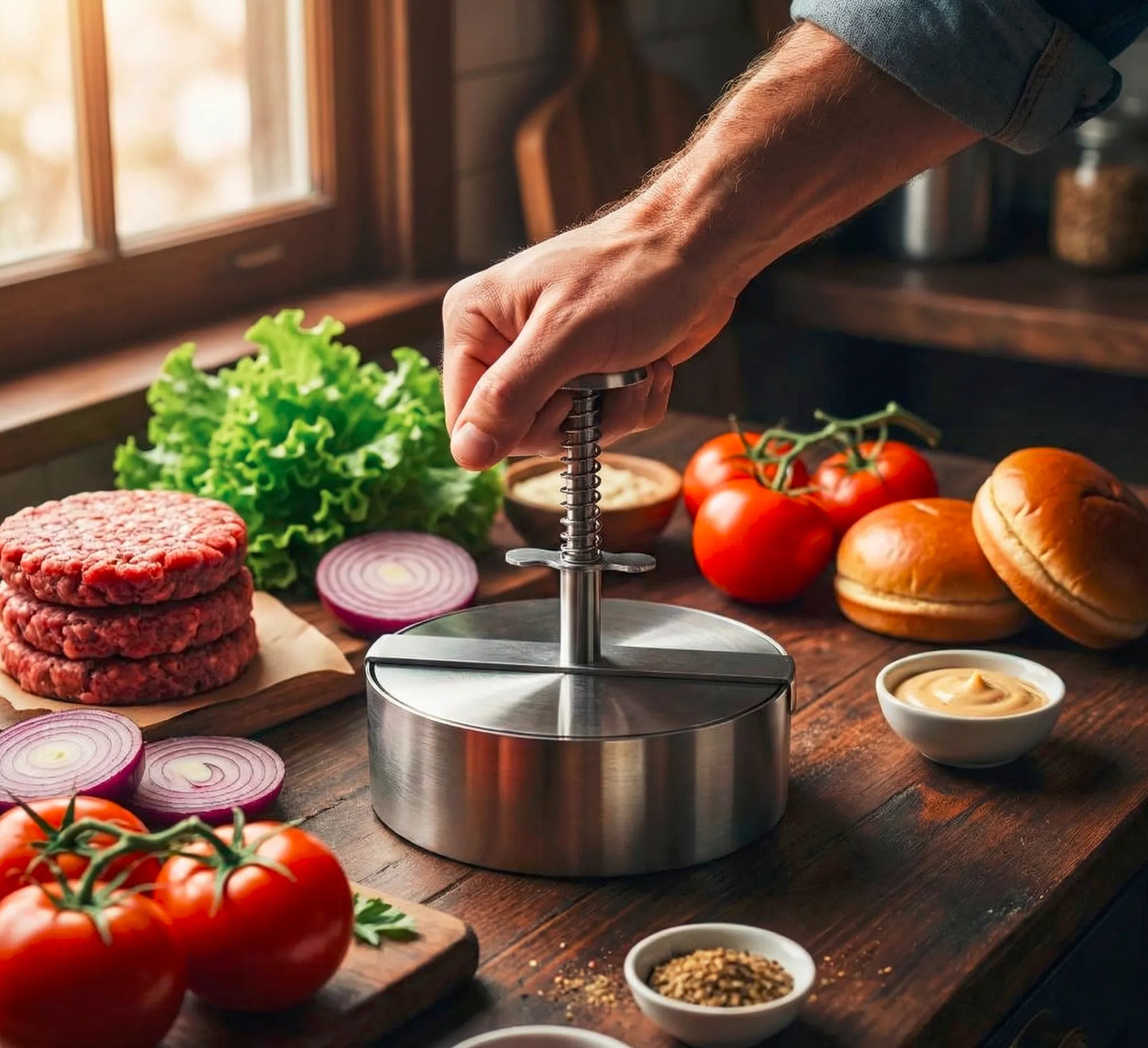 Profi Burgerpresse wird betätigt, daneben liegen Zutaten wie Tomaten und Patties sowie Buns