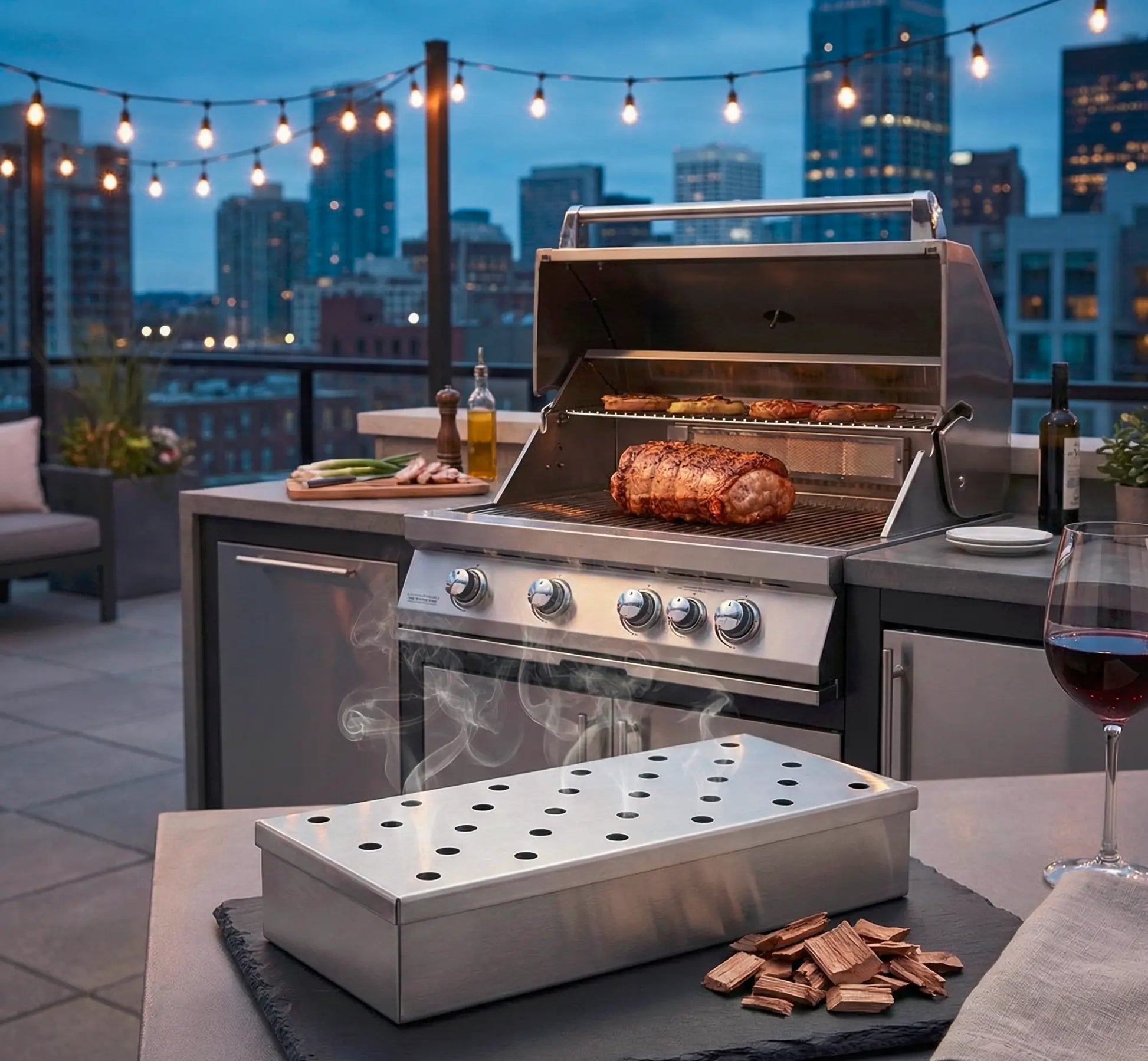 Räucherbox auf einer Schiefernplatte im Hintergrund New York und ein Gasgrill