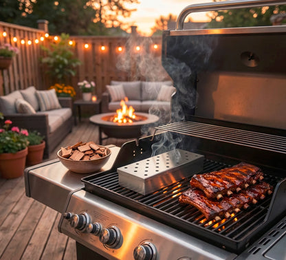 Smokerbox auf einem Gasgrill und Rippchen oder auch Ribs genannt
