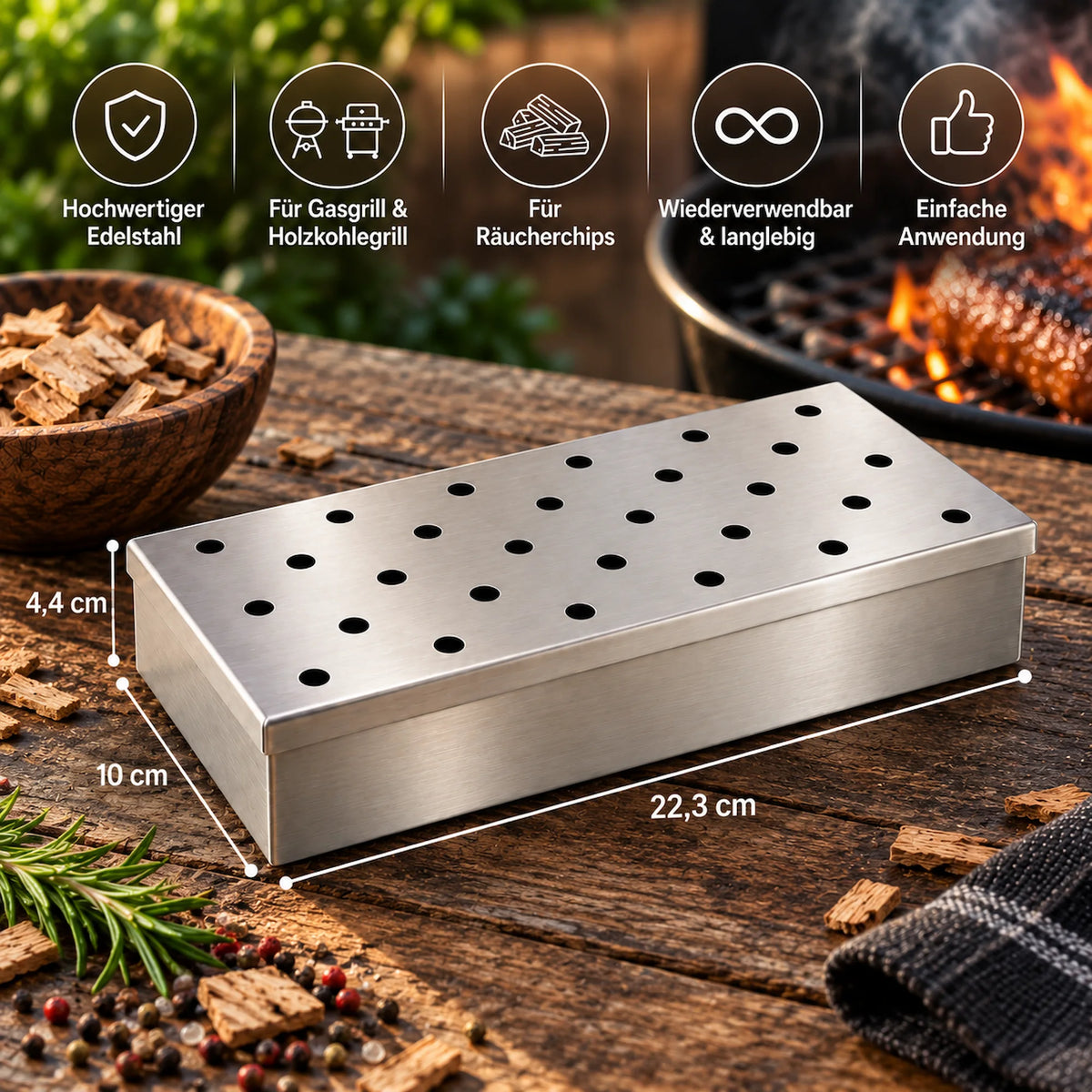 Räucherbox mit Smoking Chips auf dem Grill Maße