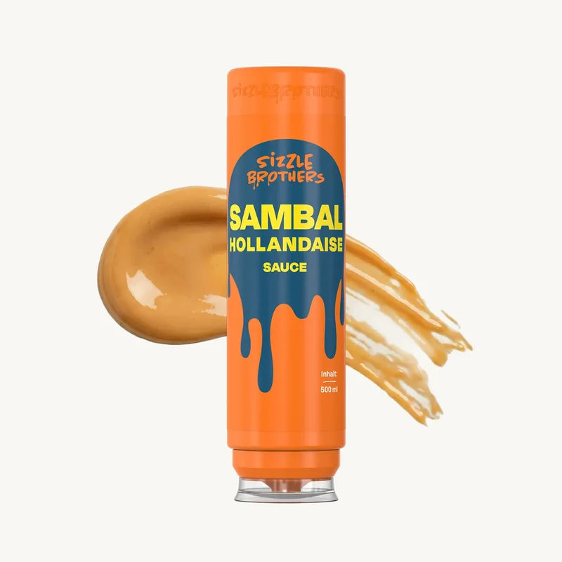 Leckere Sizzle Brothers Sambal Hollandaise Sauce Flasche mit einem Probierklecks
