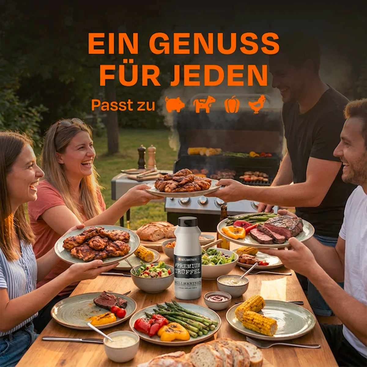 Grillabend mit Fleisch Gemüse und Sizzle Brothers Premium Trüffel Marinade