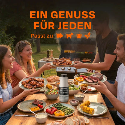 Grillabend mit Fleisch Gemüse und Sizzle Brothers Premium Trüffel Marinade