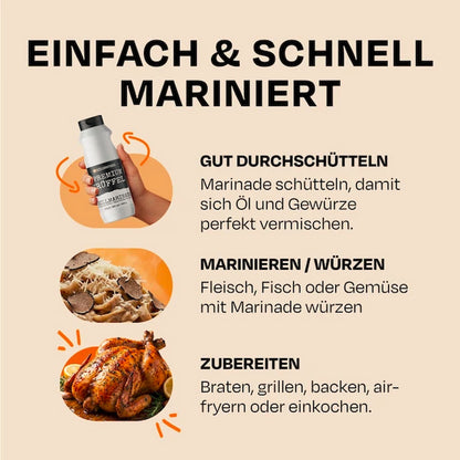 Anwendung der Premium Trüffel Marinade für Fleisch Fisch und Gemüse
