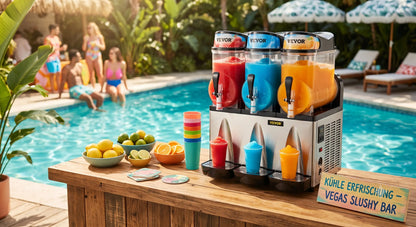 Slush Maschine mit 3 verschiedenen leckeren Getränken an einem Pool