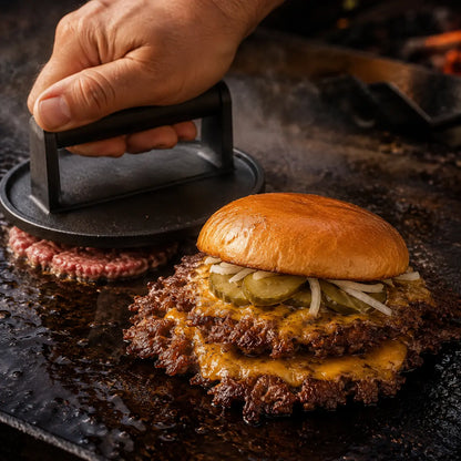 Smash Burger Presse Gusseisen – Burgerpresse mit Holzgriff für Grill & BBQ