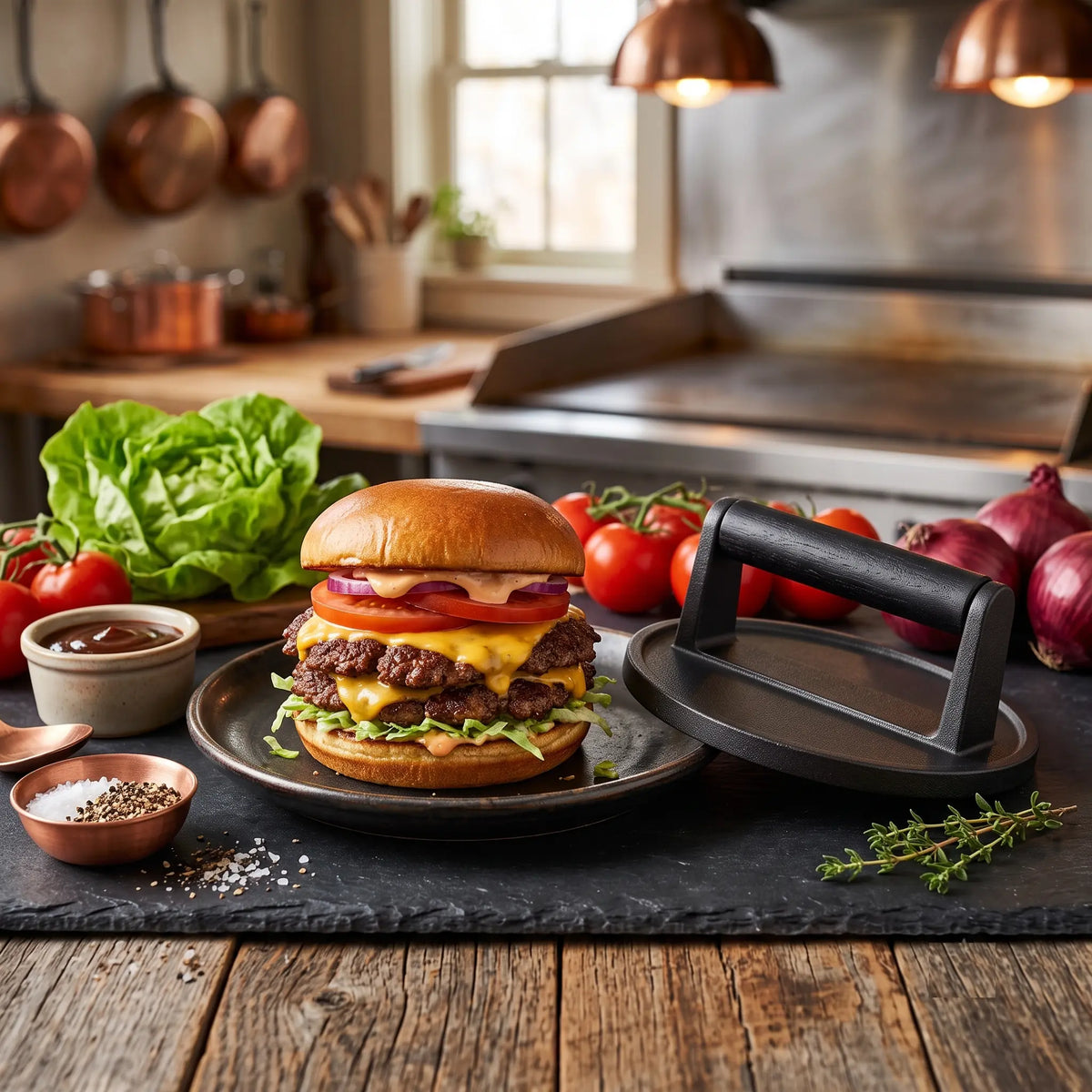 Smash Burger Presse Gusseisen – Burgerpresse mit Holzgriff für Grill & BBQ