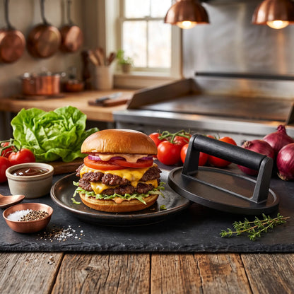 Smash Burger Presse Gusseisen – Burgerpresse mit Holzgriff für Grill & BBQ