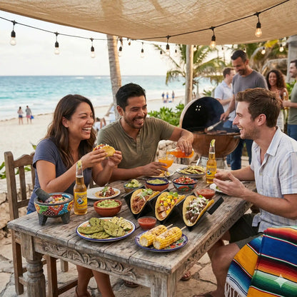 Geselliger Abend mit Freunden: Schwarzer Edelstahl-Taco-Halter für 3 Tacos auf einem gedeckten Esstisch