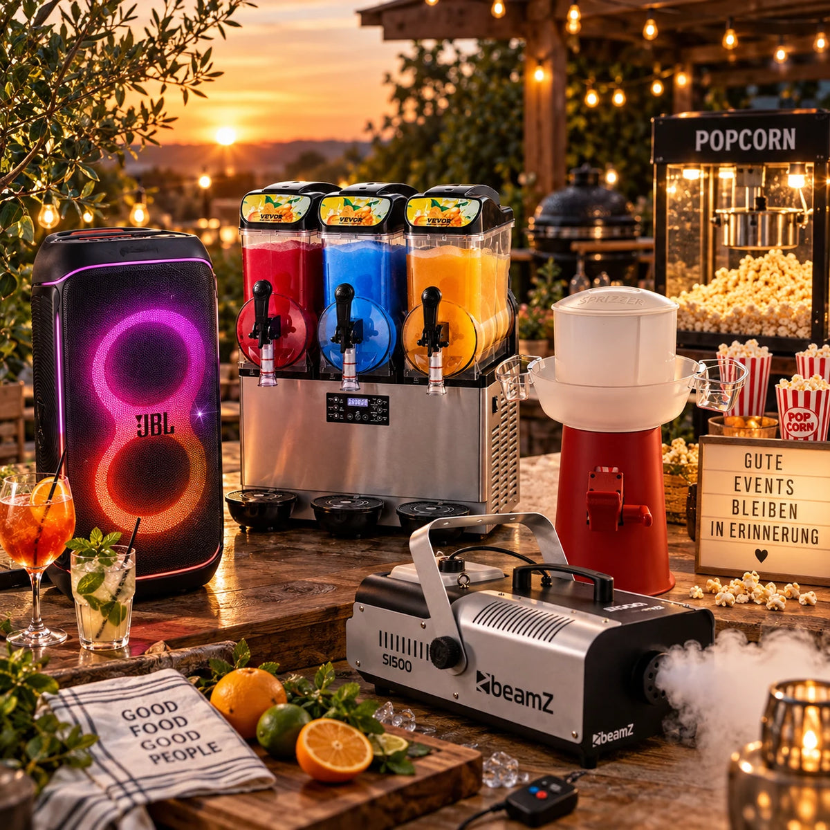 Vermietung mit Slushmaschine, JBL Partybox, Nebelmaschine, Sprizzer und Popcornmaschine