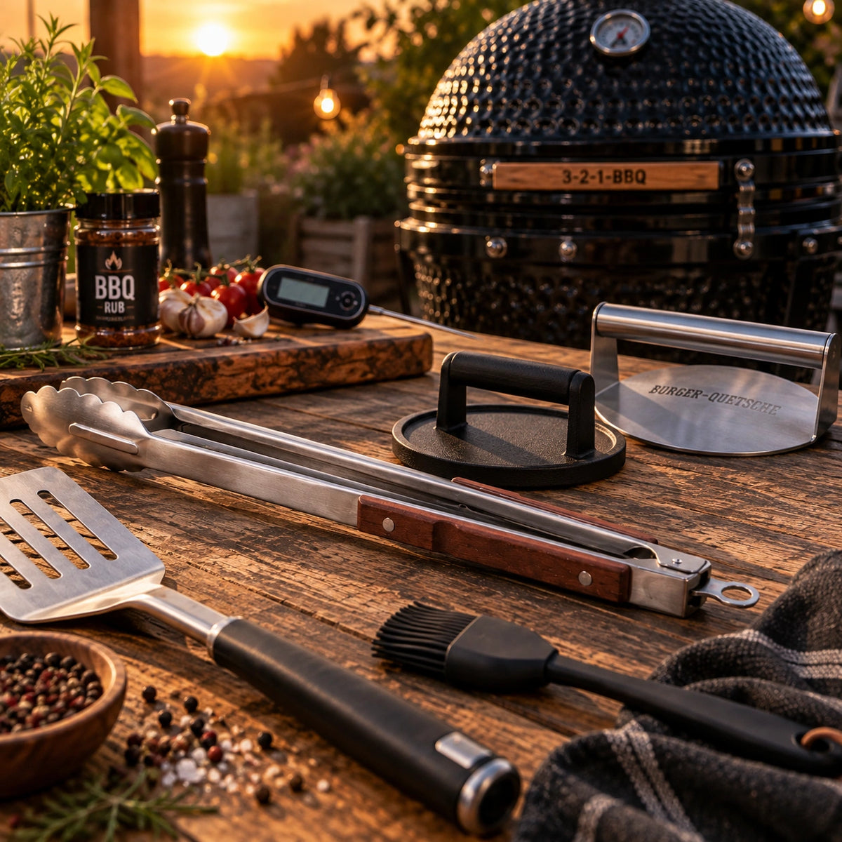 Grillzubehör mit Grillzange, Burgerpresse, Thermometer und Kamado Grill