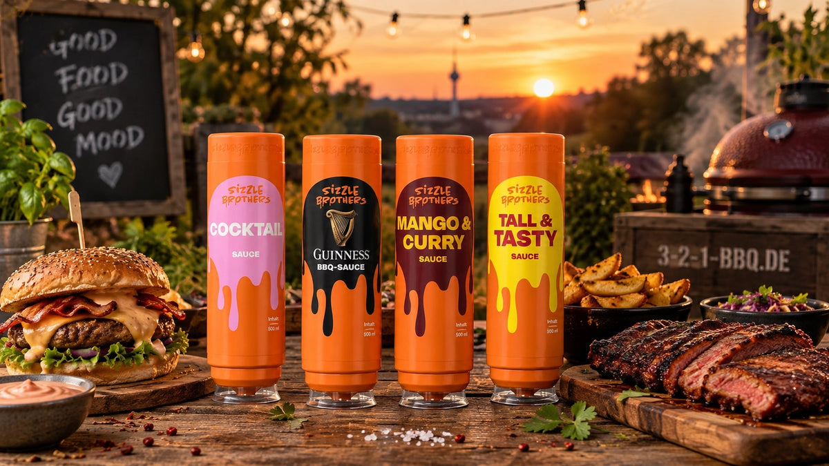 Sizzle Brothers Saucen mit Burger und BBQ bei Sonnenuntergang